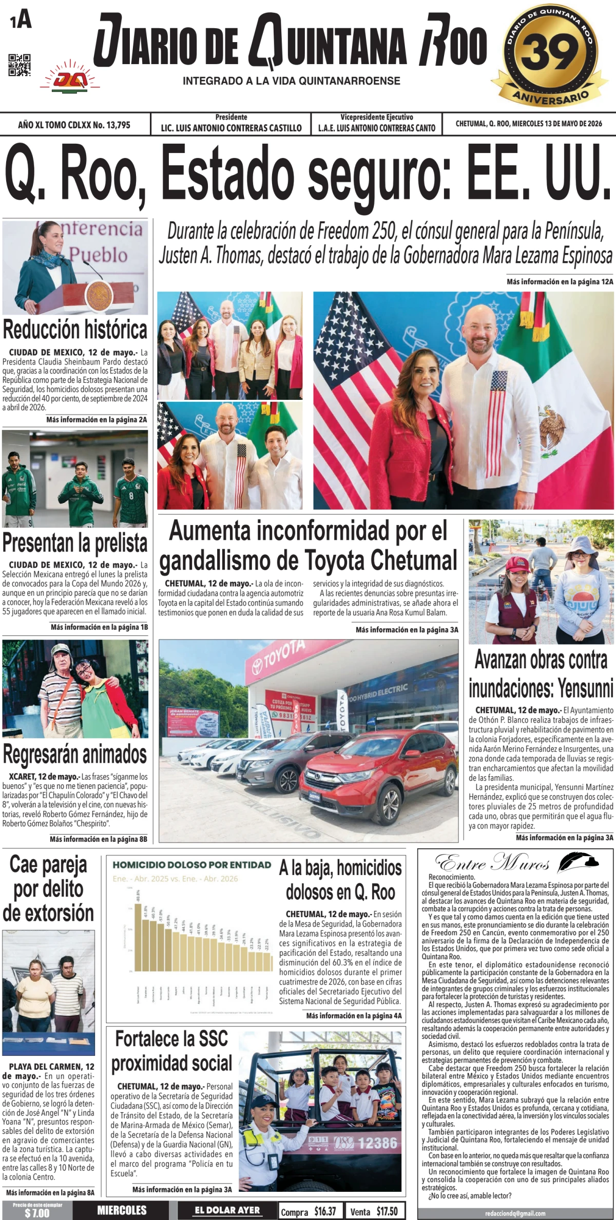 Portada de Diario de Quintana Roo (portada) del miércoles, 13 de mayo de 2026