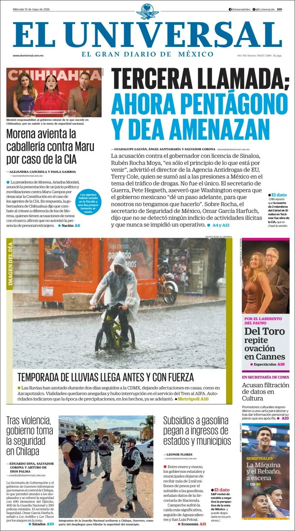 Portada de El Universal del miércoles, 13 de mayo de 2026