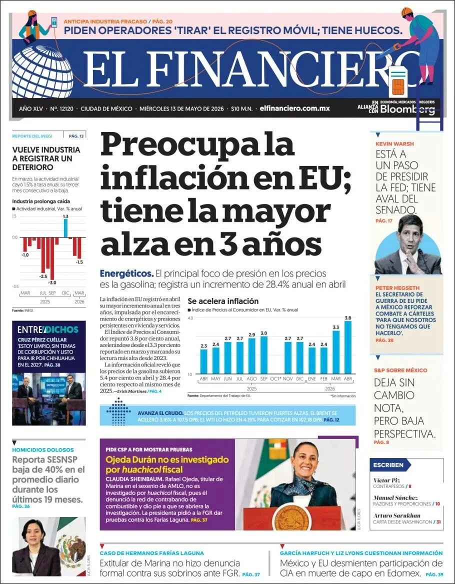 Portada de El Financiero del miércoles, 13 de mayo de 2026