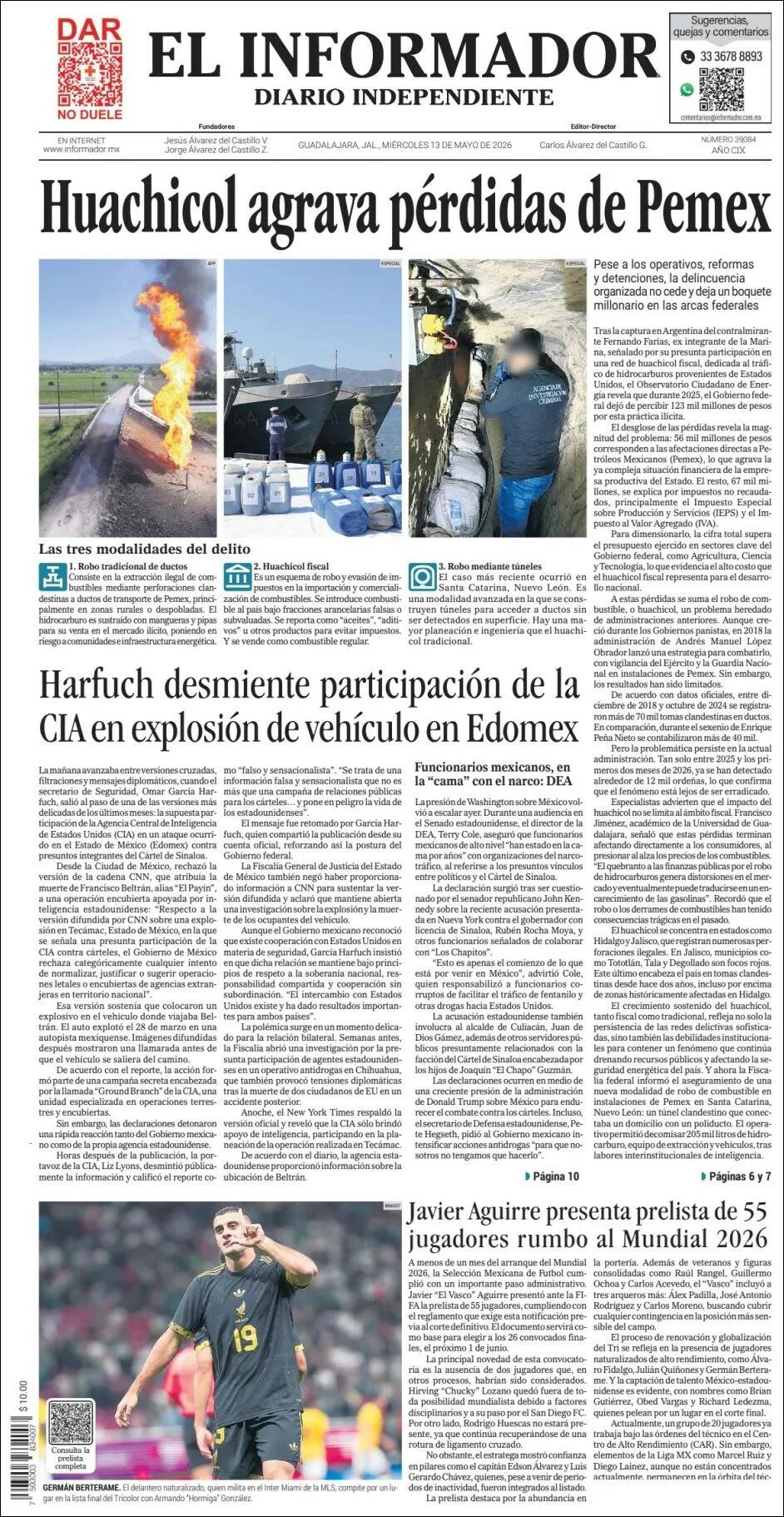 Portada de El Informador del miércoles, 13 de mayo de 2026