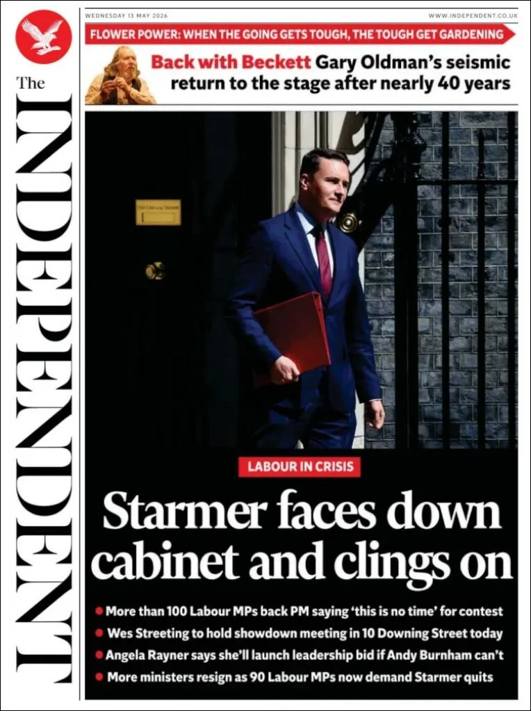 Portada de The Independent del miércoles, 13 de mayo de 2026