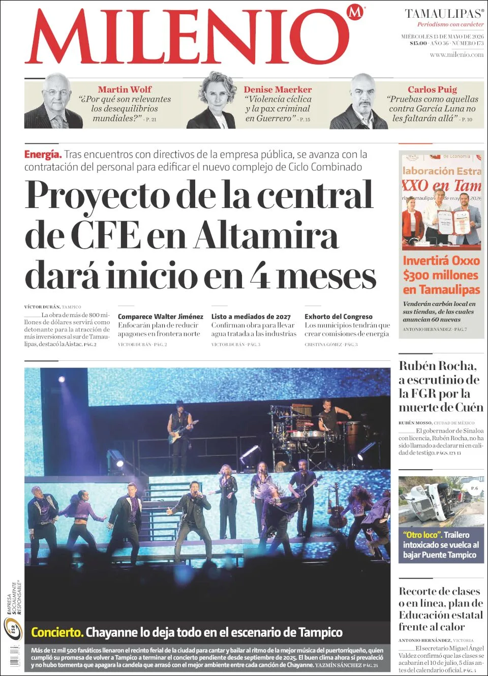 Portada de Milenio Tamaulipas del miércoles, 13 de mayo de 2026