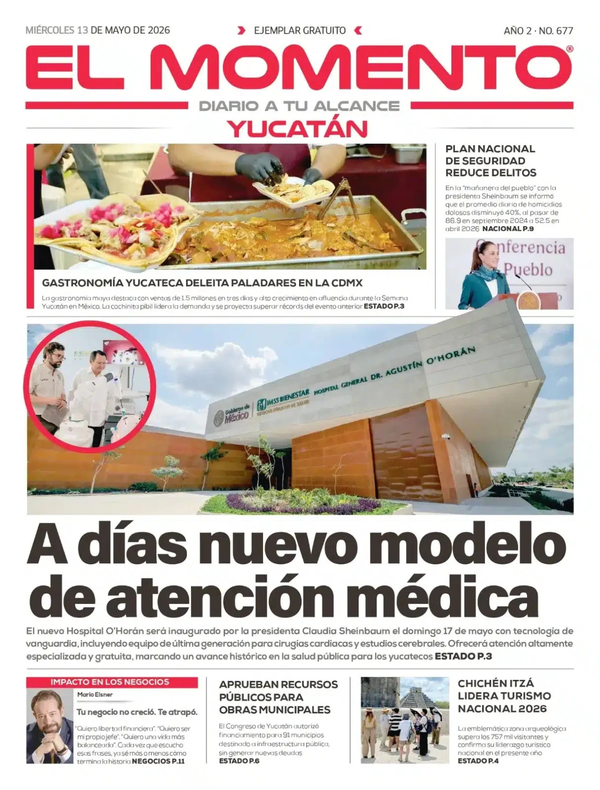 Portada de El Momento Yucatan del miércoles, 13 de mayo de 2026