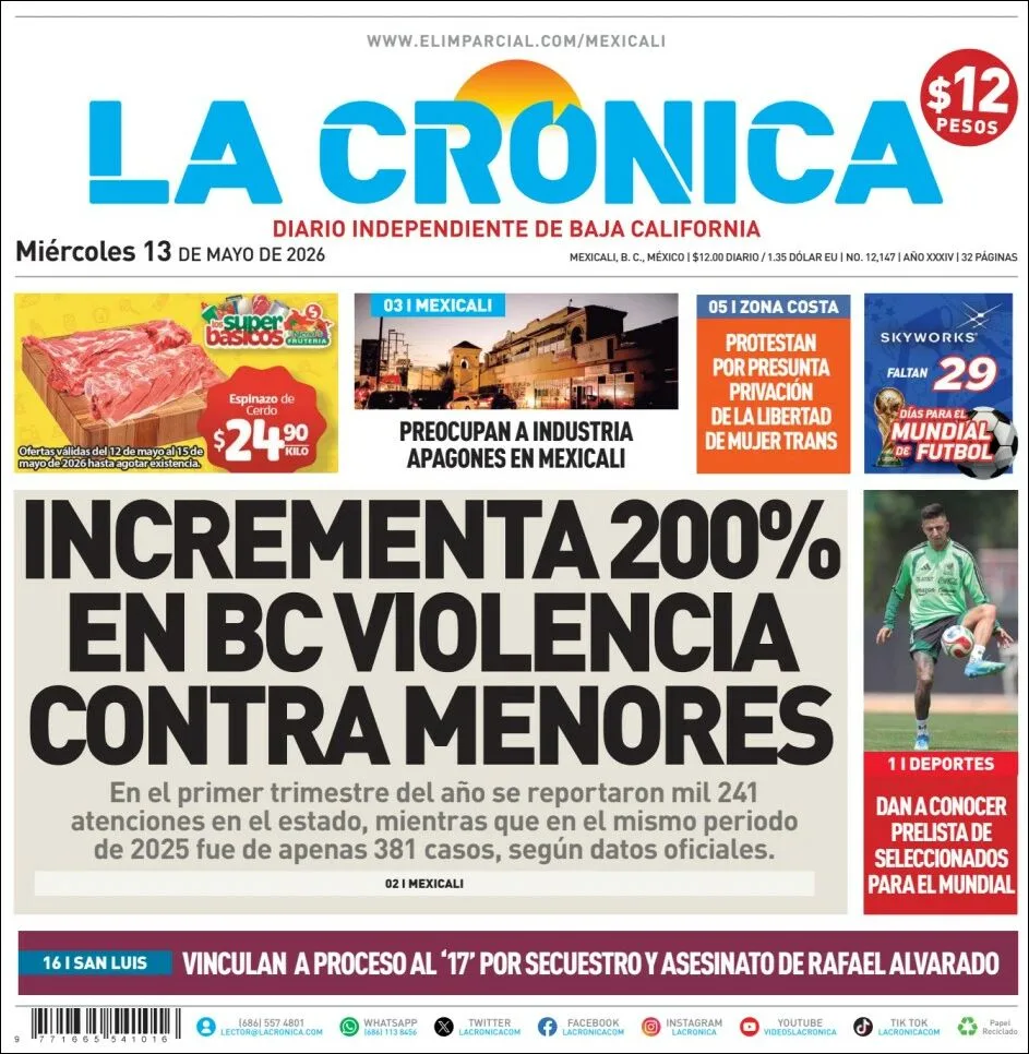 Portada de La Cronica del miércoles, 13 de mayo de 2026