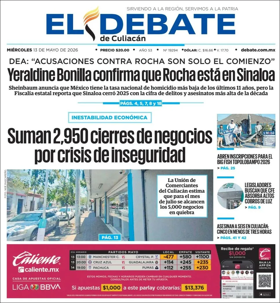 Portada de El Debate de Culiacan del miércoles, 13 de mayo de 2026