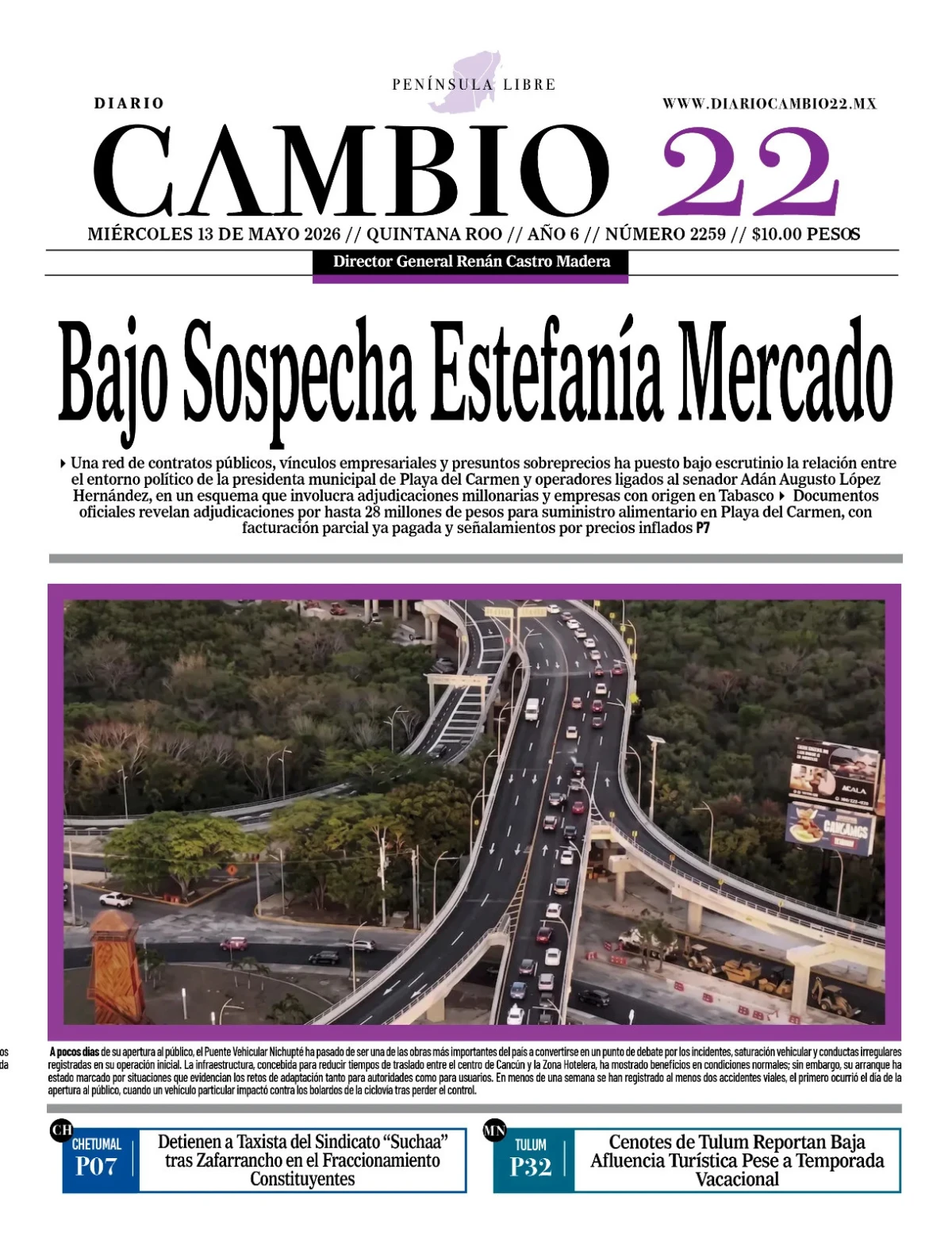 Portada de Diario Cambio 22 (portada) del miércoles, 13 de mayo de 2026