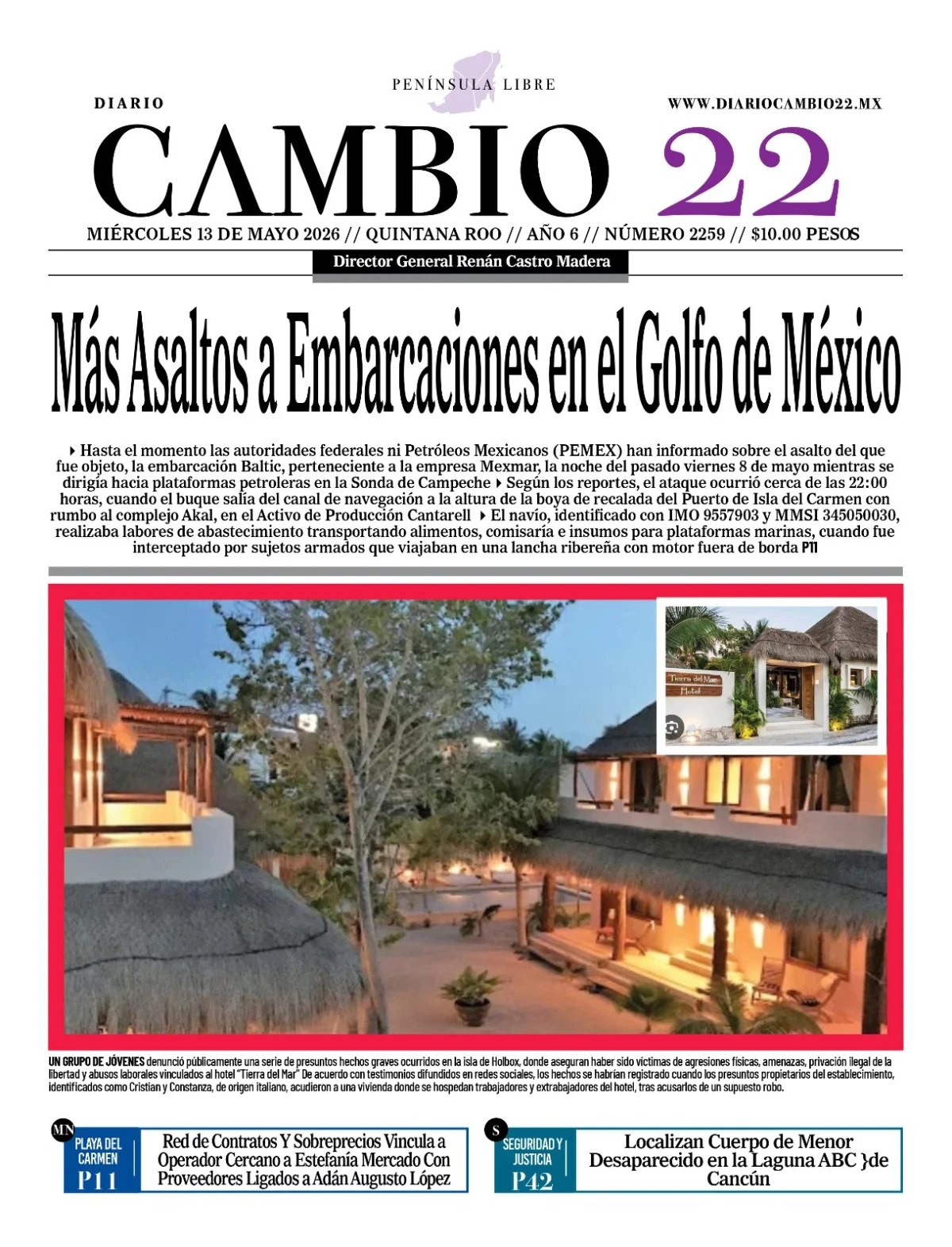Portada de Diario Cambio 22 (contraportada) del miércoles, 13 de mayo de 2026