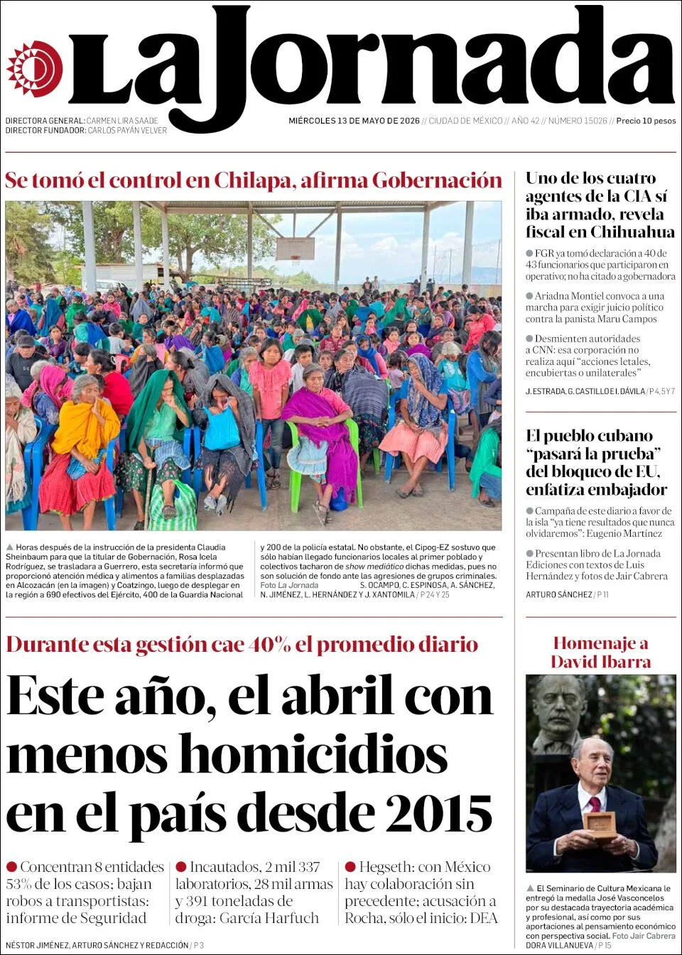 Portada de La Jornada del miércoles, 13 de mayo de 2026