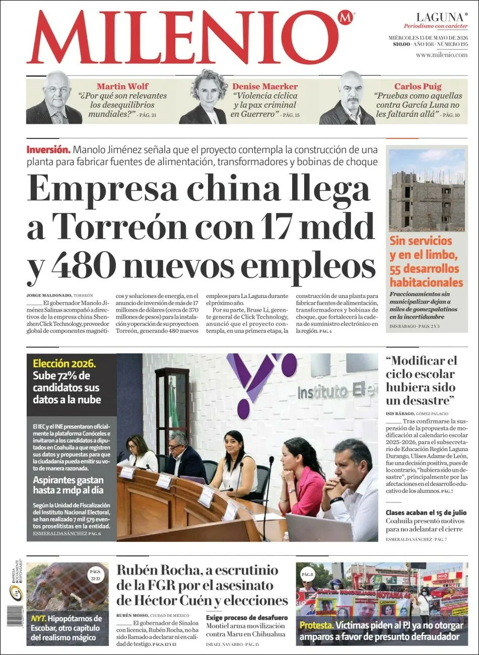 Portada de Milenio Laguna del miércoles, 13 de mayo de 2026