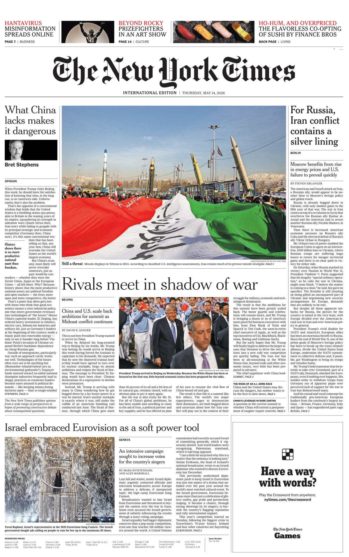 Portada de The New York Times (international) del jueves, 14 de mayo de 2026