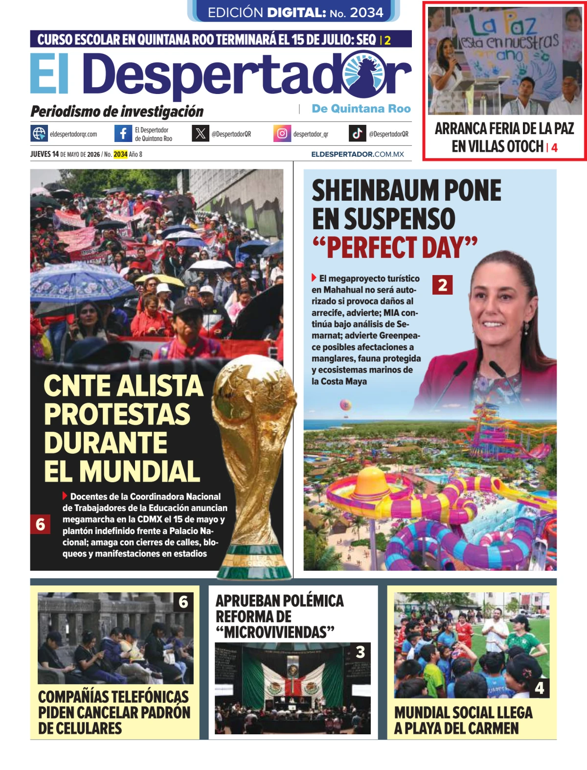 Portada de El Despertador de Quintana Roo del jueves, 14 de mayo de 2026