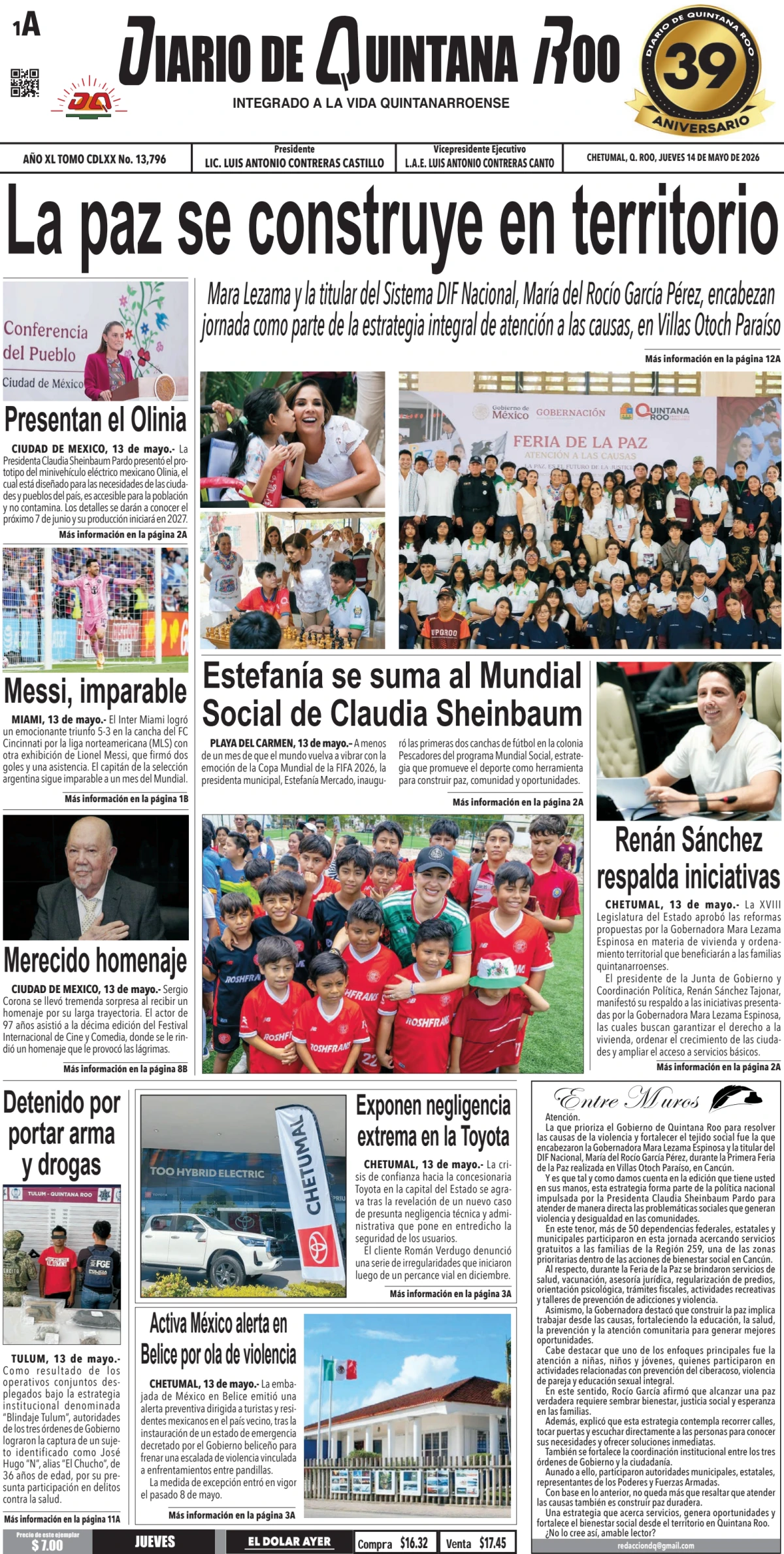 Portada de Diario de Quintana Roo (portada) del jueves, 14 de mayo de 2026