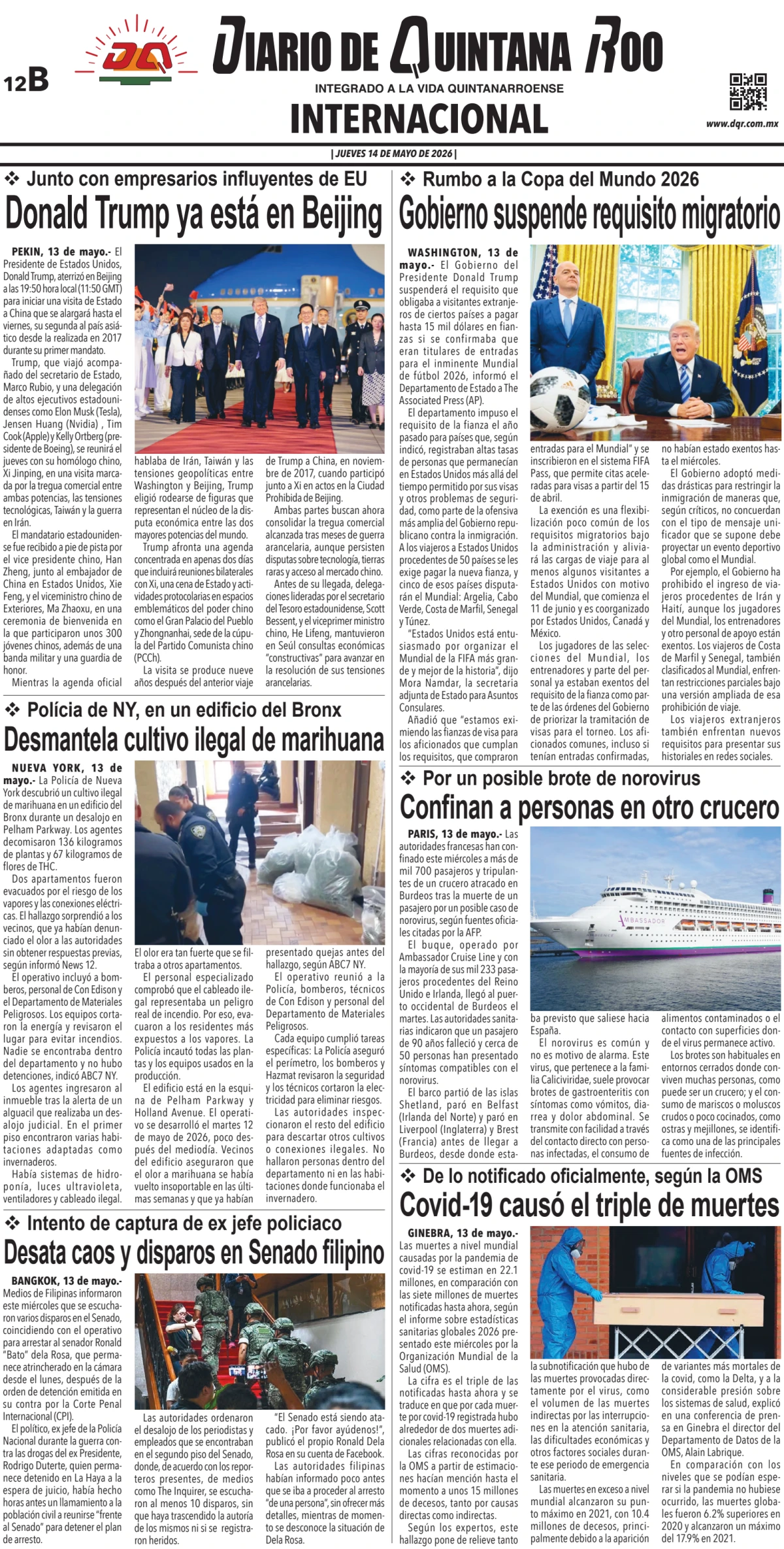 Portada de Diario de Quintana Roo (contra Portada) del jueves, 14 de mayo de 2026