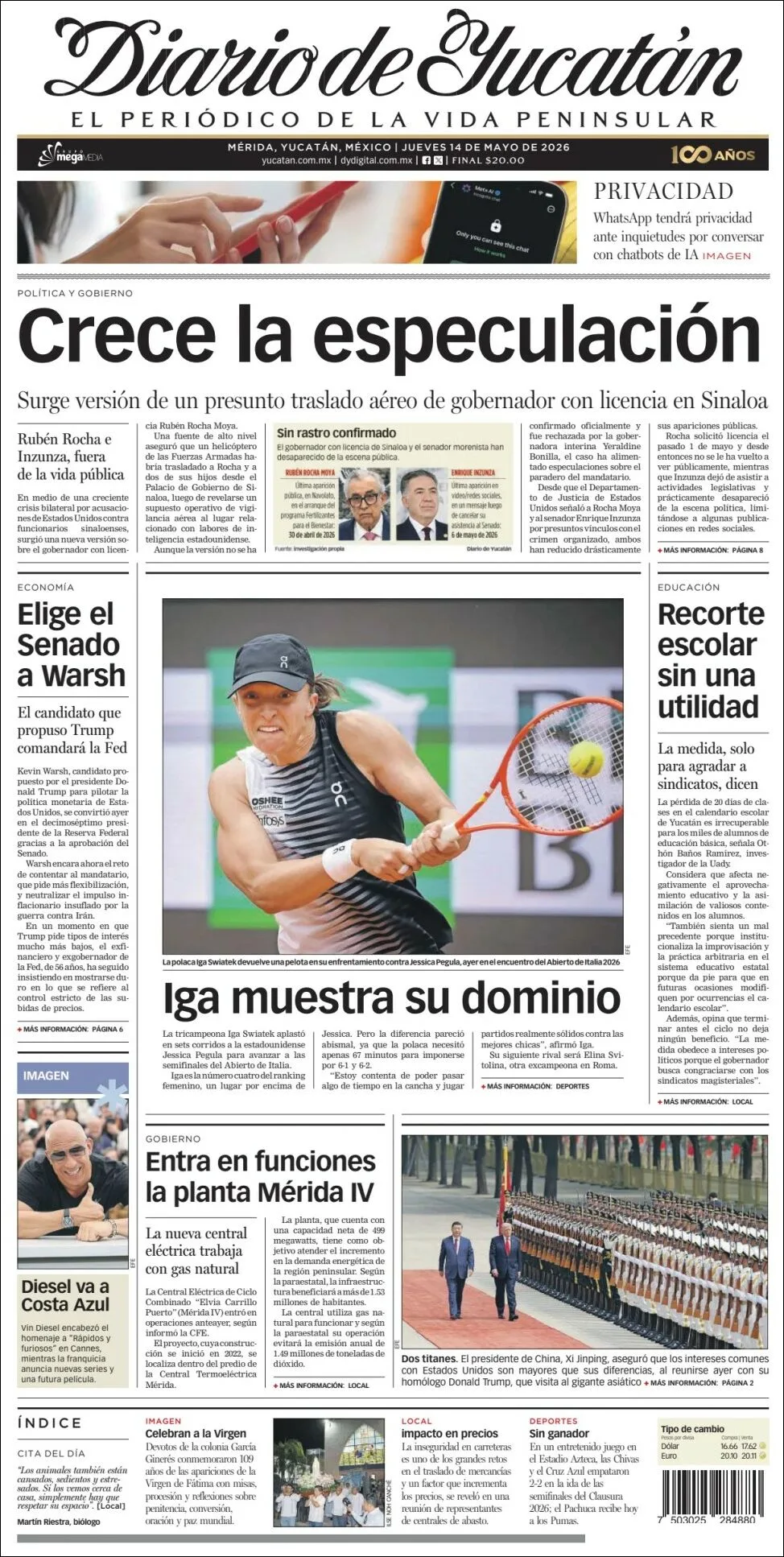 Portada de Diario de Yucatán del jueves, 14 de mayo de 2026