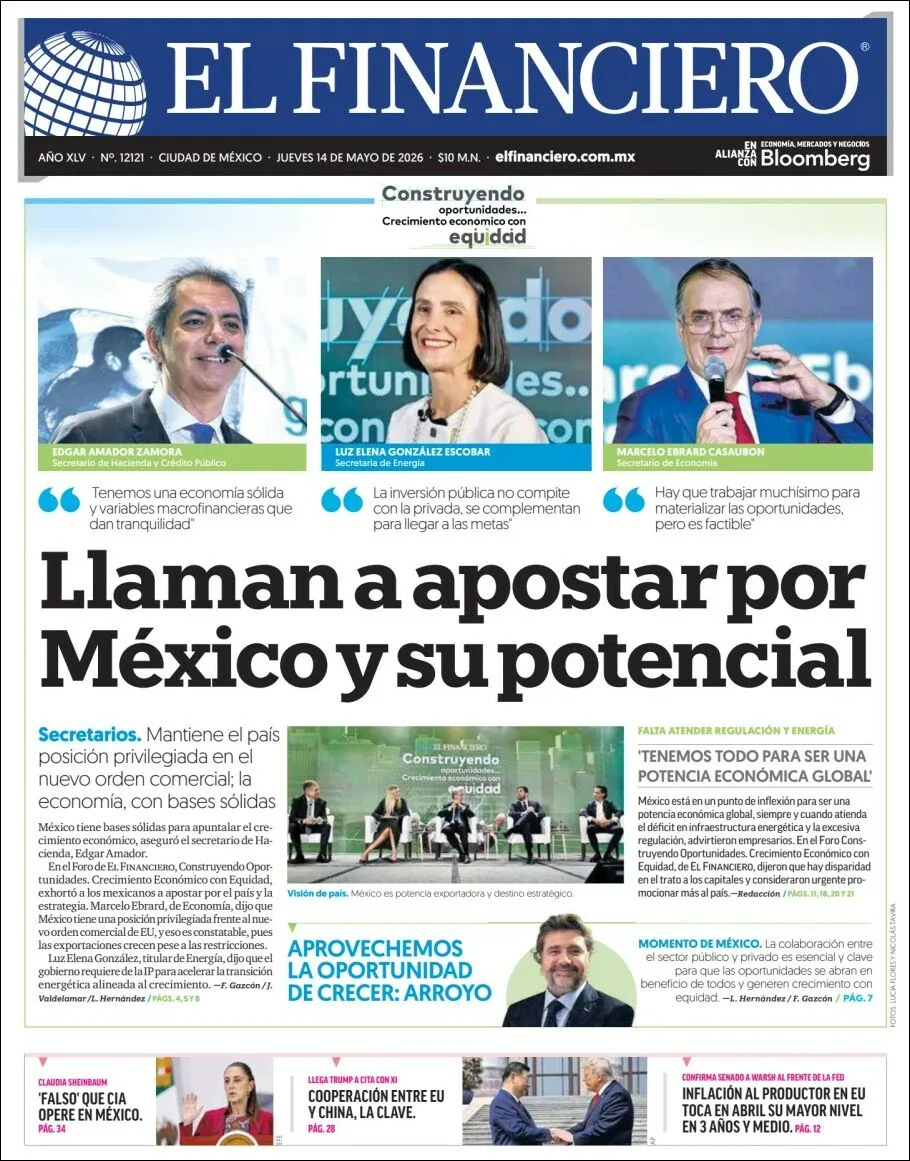 Portada de El Financiero del jueves, 14 de mayo de 2026