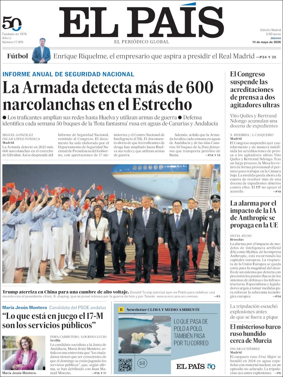 Portada de El Pais del jueves, 14 de mayo de 2026