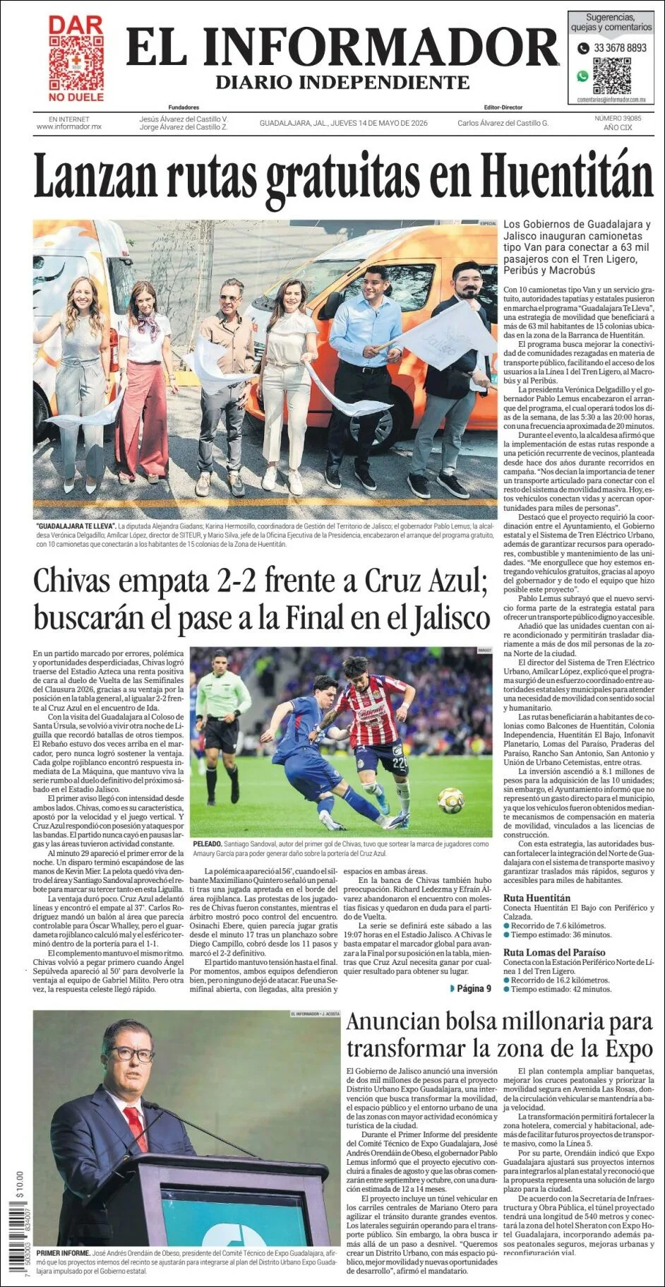 Portada de El Informador del jueves, 14 de mayo de 2026