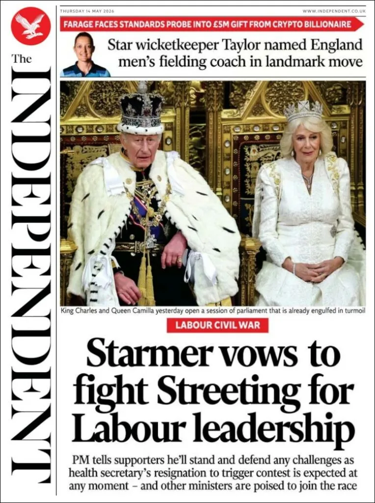 Portada de The Independent del jueves, 14 de mayo de 2026