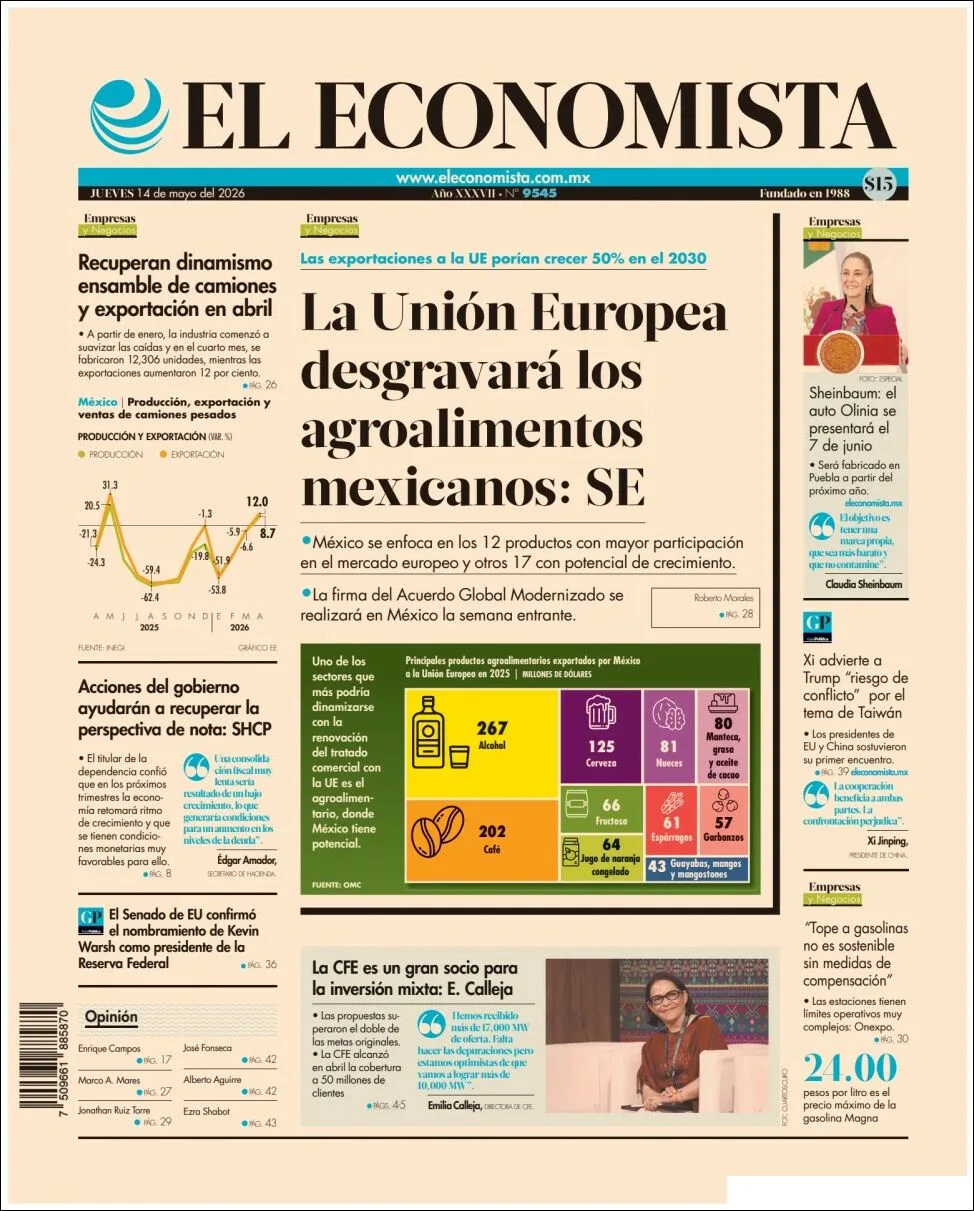 Portada de El Economista del jueves, 14 de mayo de 2026