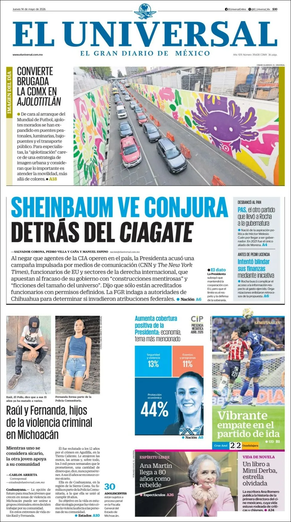 Portada de El Universal del jueves, 14 de mayo de 2026