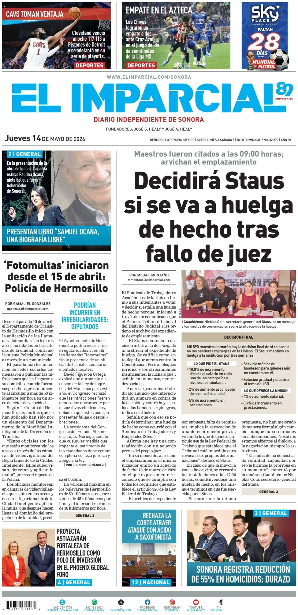Portada de El Imparcial del jueves, 14 de mayo de 2026