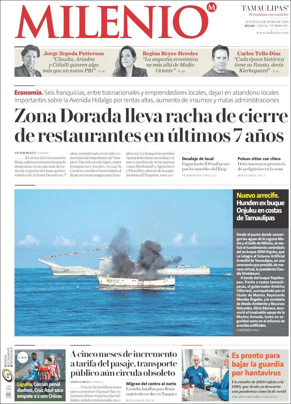 Portada de Milenio Tamaulipas del jueves, 14 de mayo de 2026