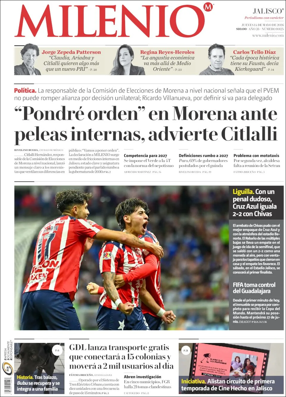 Portada de Milenio Jalisco del jueves, 14 de mayo de 2026