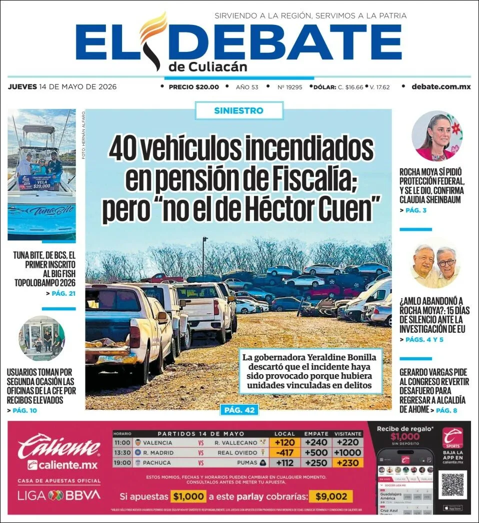 Portada de El Debate de Culiacan del jueves, 14 de mayo de 2026