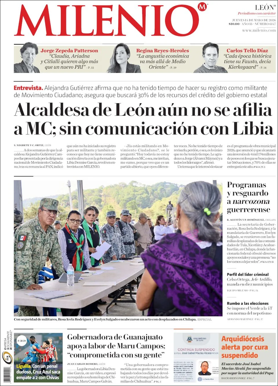 Portada de Milenio Leon del jueves, 14 de mayo de 2026