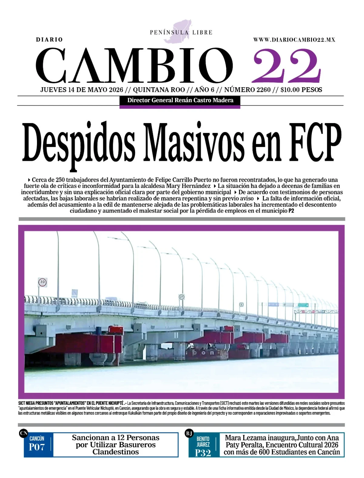 Portada de Diario Cambio 22 (portada) del jueves, 14 de mayo de 2026