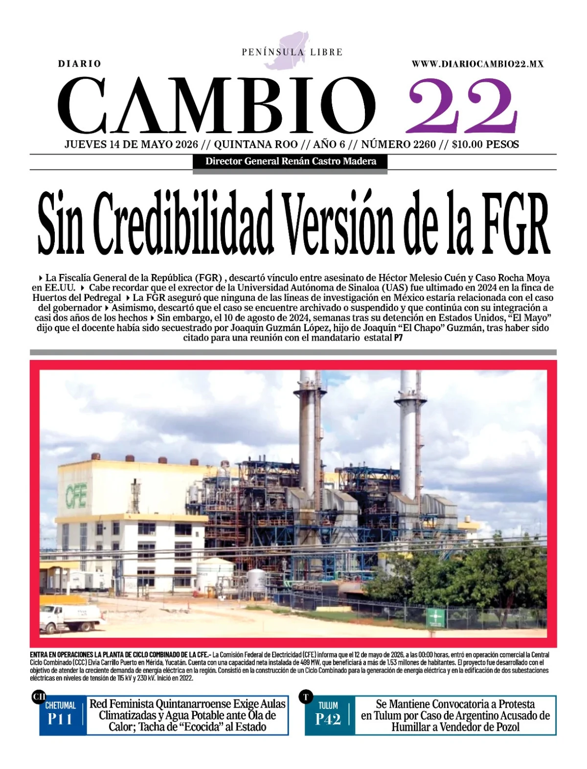 Portada de Diario Cambio 22 (contraportada) del jueves, 14 de mayo de 2026