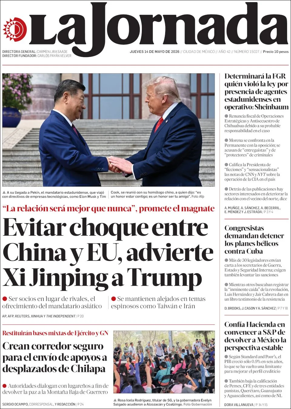 Portada de La Jornada del jueves, 14 de mayo de 2026