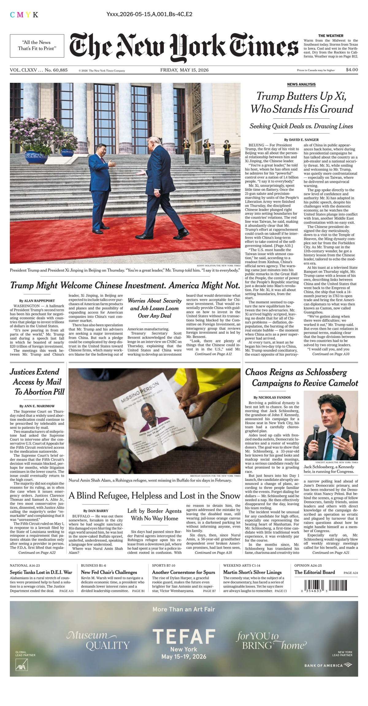 Portada de The New York Times (national) del viernes, 15 de mayo de 2026