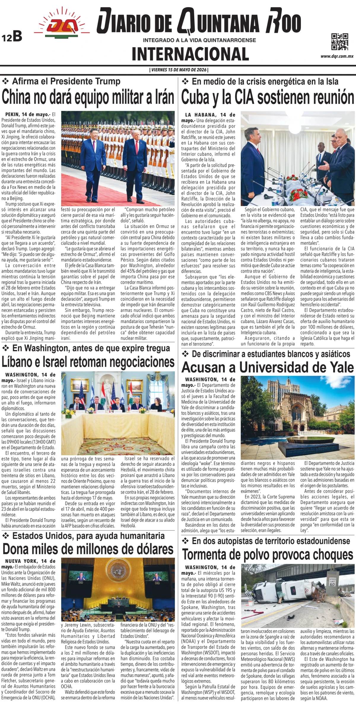Portada de Diario de Quintana Roo (contra Portada) del viernes, 15 de mayo de 2026