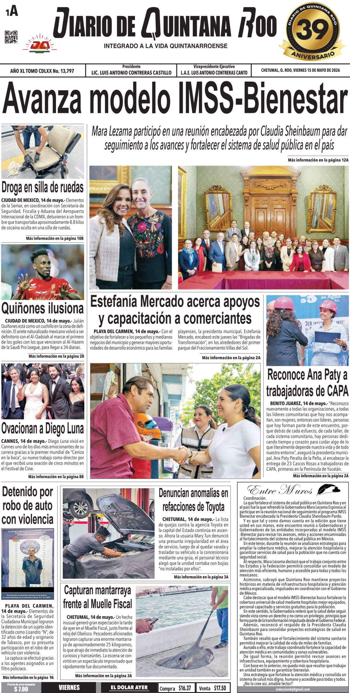 Portada de Diario de Quintana Roo (portada) del viernes, 15 de mayo de 2026
