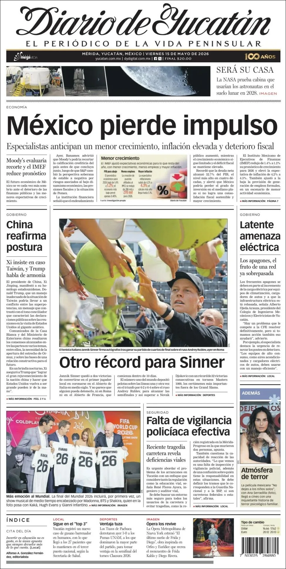 Portada de Diario de Yucatán del viernes, 15 de mayo de 2026
