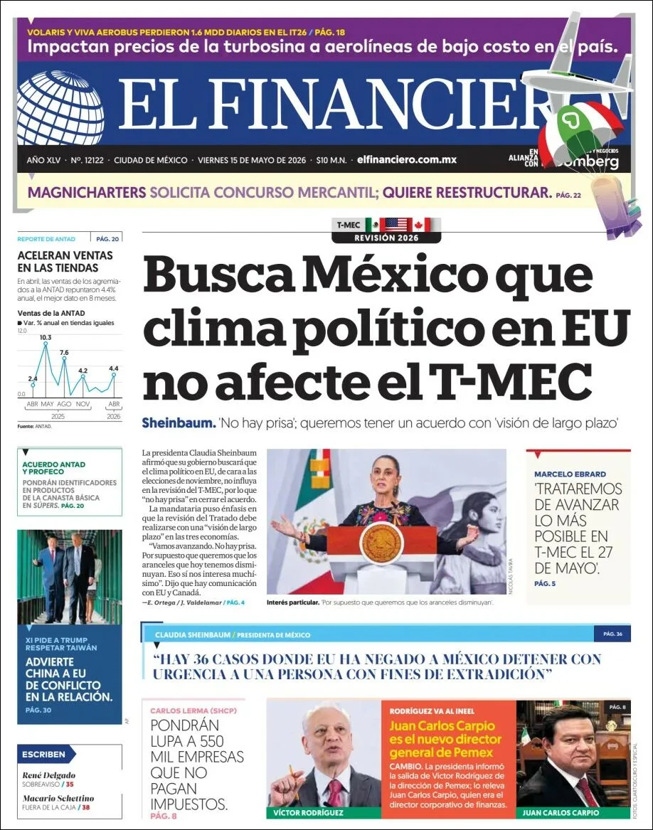 Portada de El Financiero del viernes, 15 de mayo de 2026