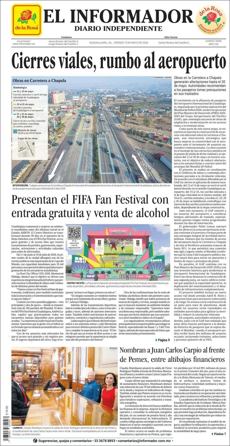 Portada de El Informador del viernes, 15 de mayo de 2026