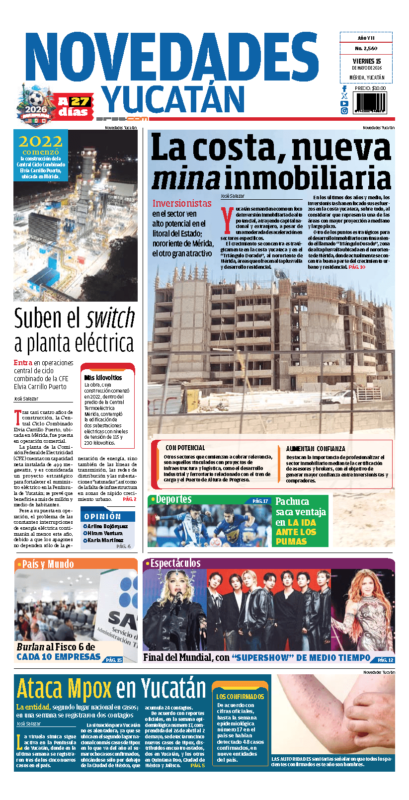Portada de Novedades Yucatan del viernes, 15 de mayo de 2026