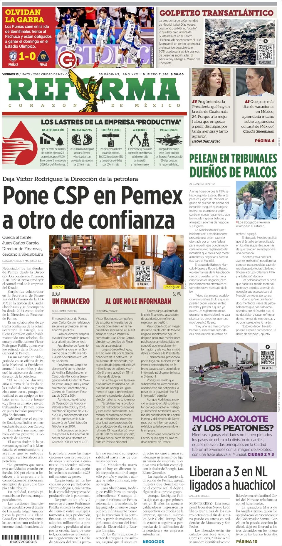 Portada de Reforma del viernes, 15 de mayo de 2026