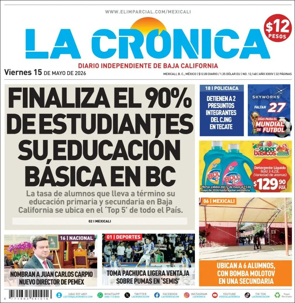 Portada de La Cronica del viernes, 15 de mayo de 2026