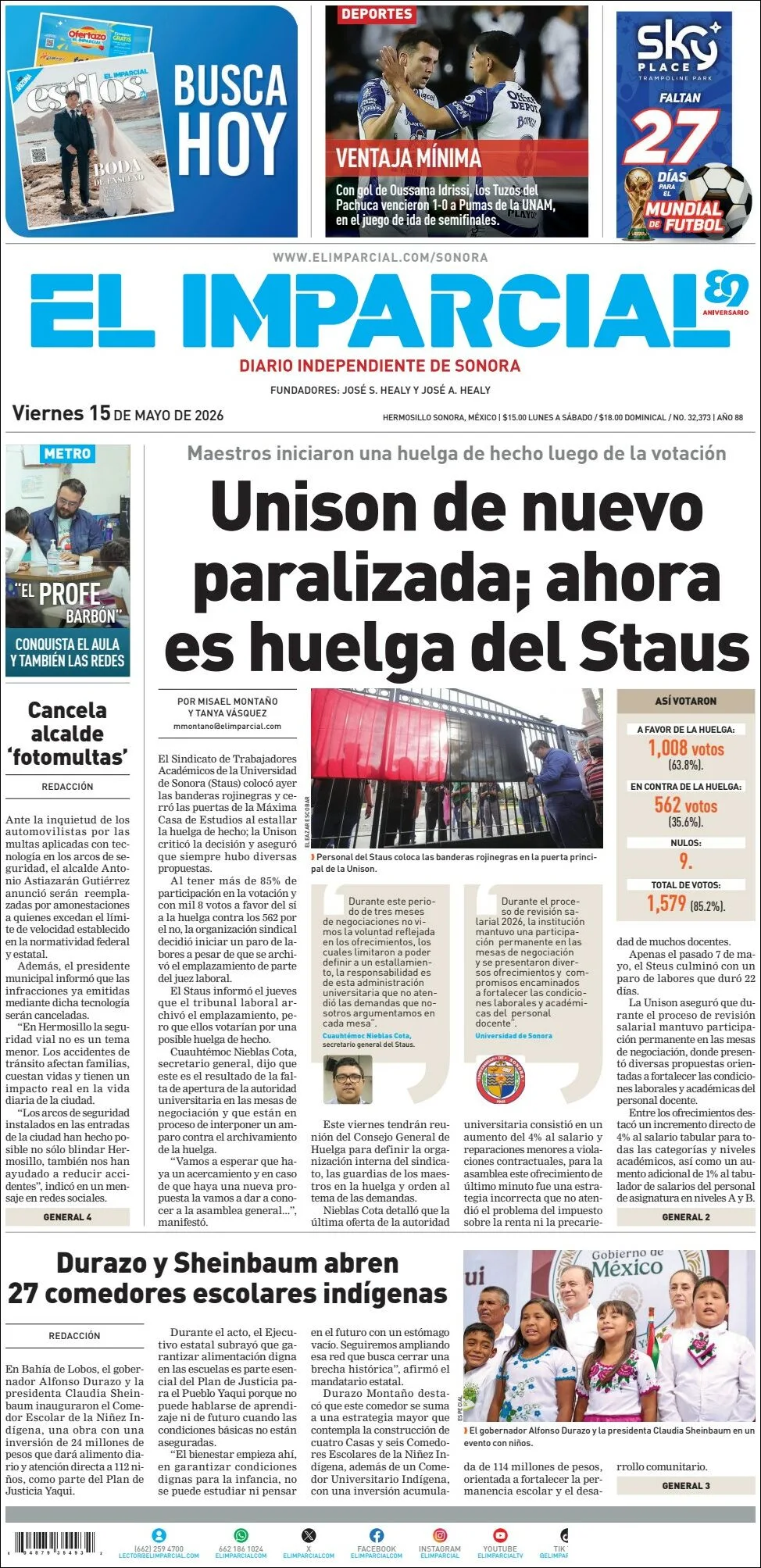 Portada de El Imparcial del viernes, 15 de mayo de 2026