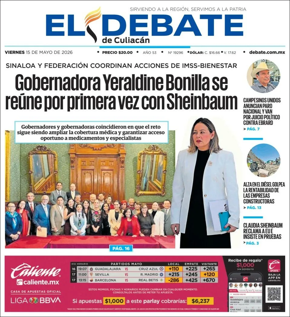 Portada de El Debate de Culiacan del viernes, 15 de mayo de 2026