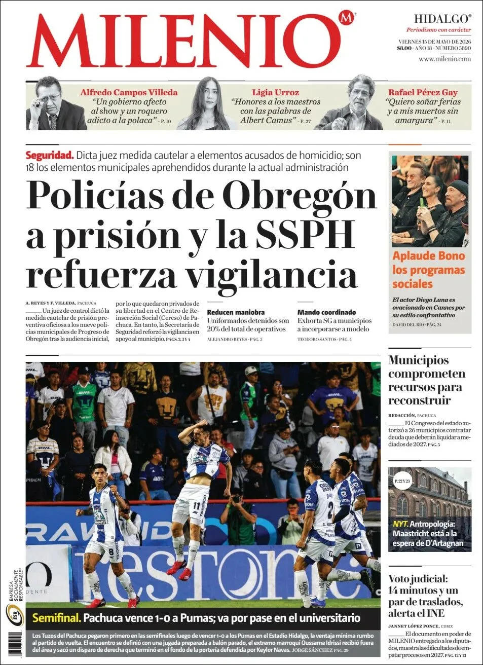 Portada de Milenio Hidalgo del viernes, 15 de mayo de 2026