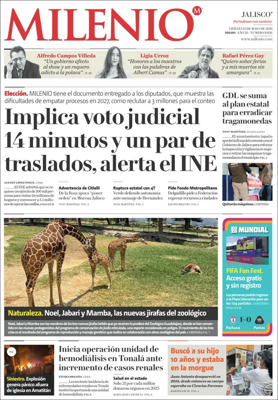 Portada de Milenio Jalisco del viernes, 15 de mayo de 2026