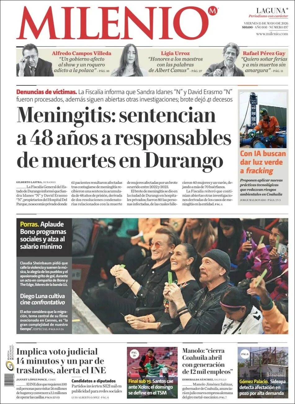 Portada de Milenio Laguna del viernes, 15 de mayo de 2026