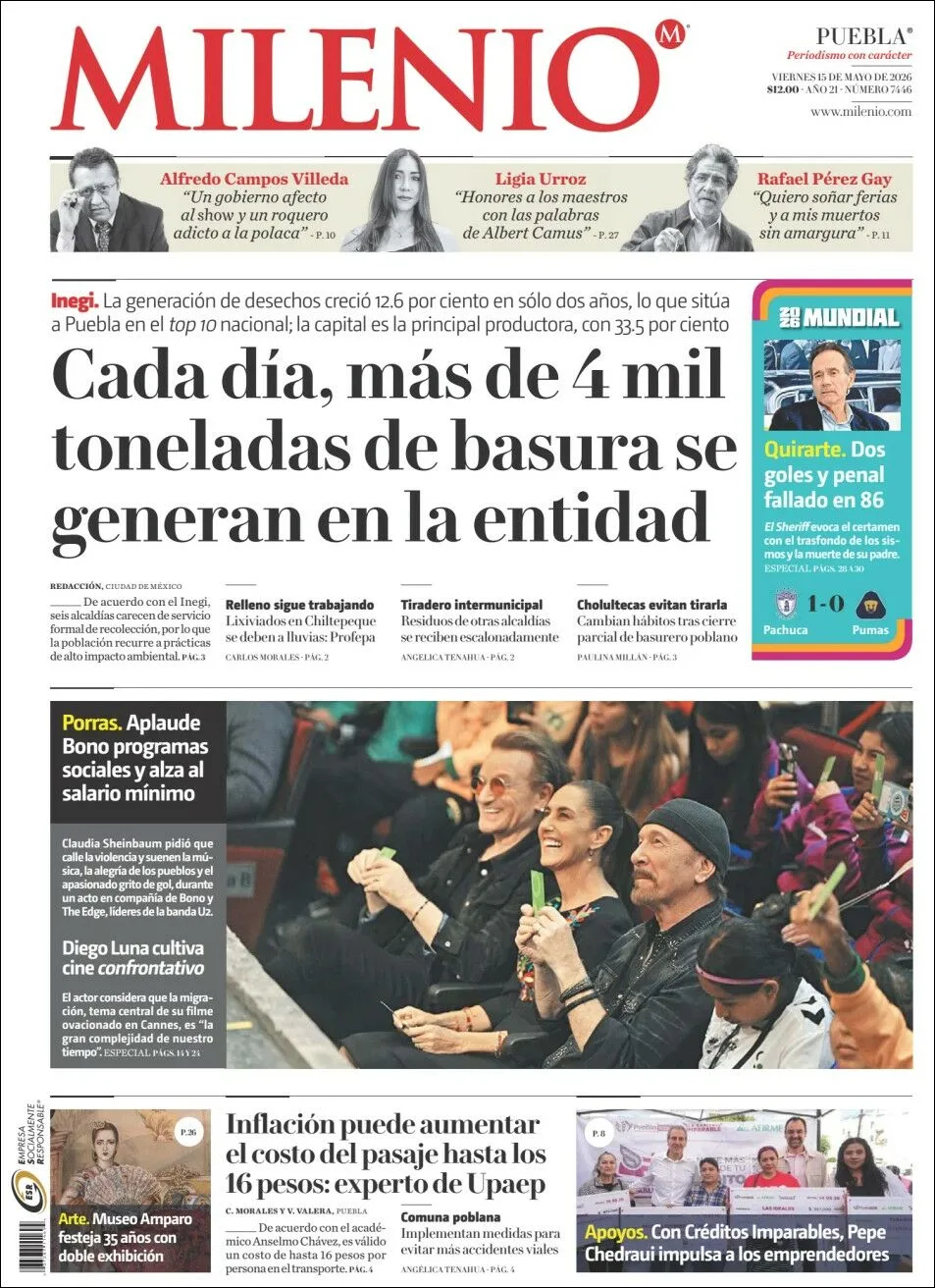 Portada de Milenio Puebla del viernes, 15 de mayo de 2026