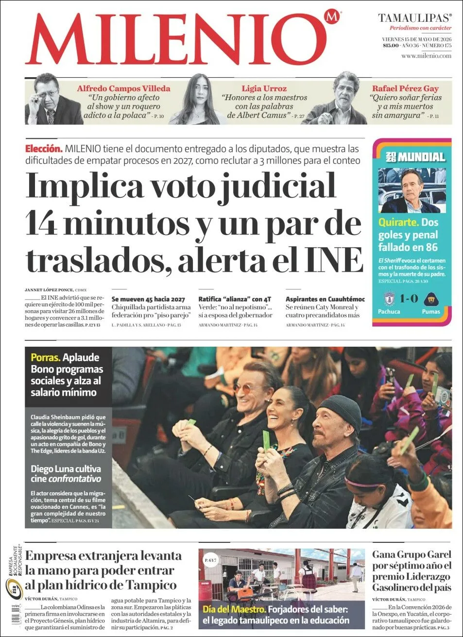 Portada de Milenio Tamaulipas del viernes, 15 de mayo de 2026