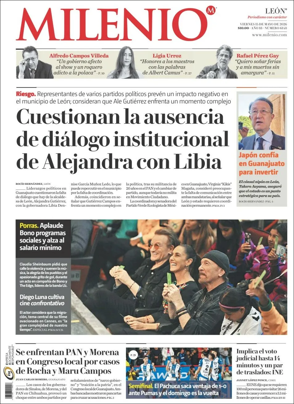 Portada de Milenio Leon del viernes, 15 de mayo de 2026