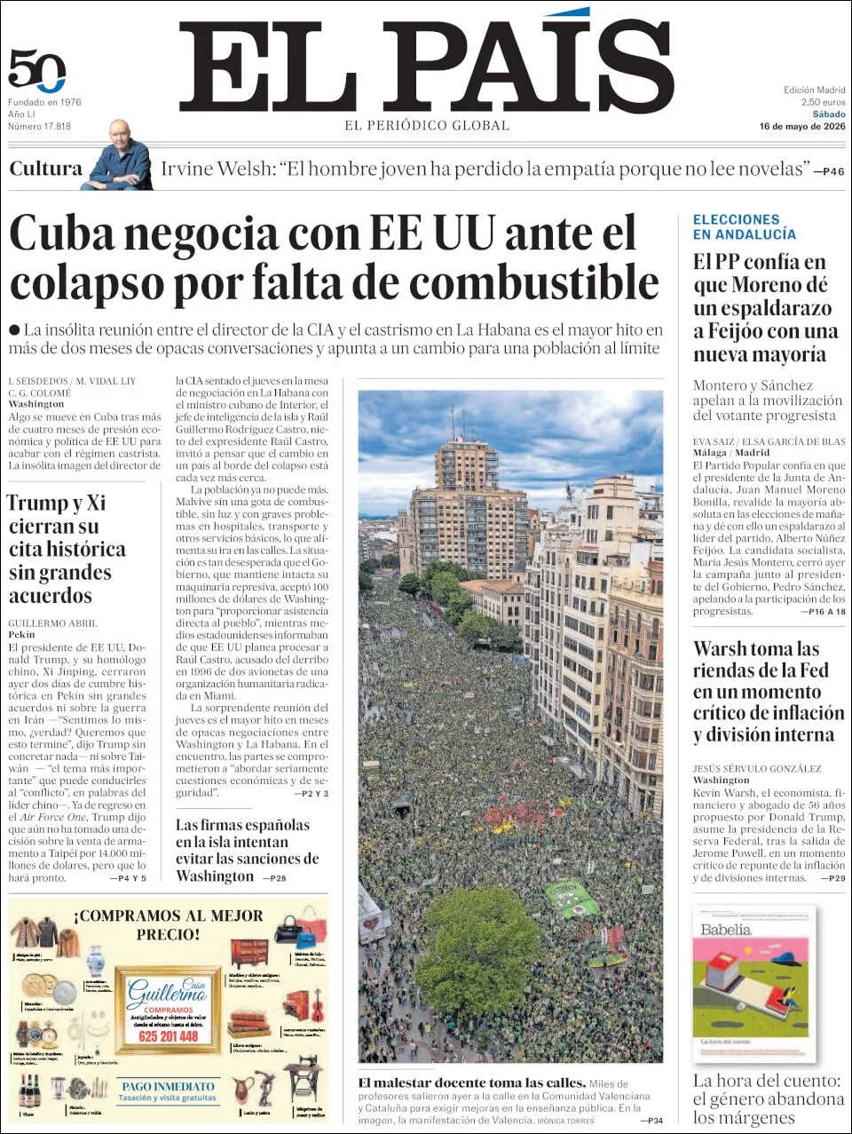 Portada de El Pais del sábado, 16 de mayo de 2026